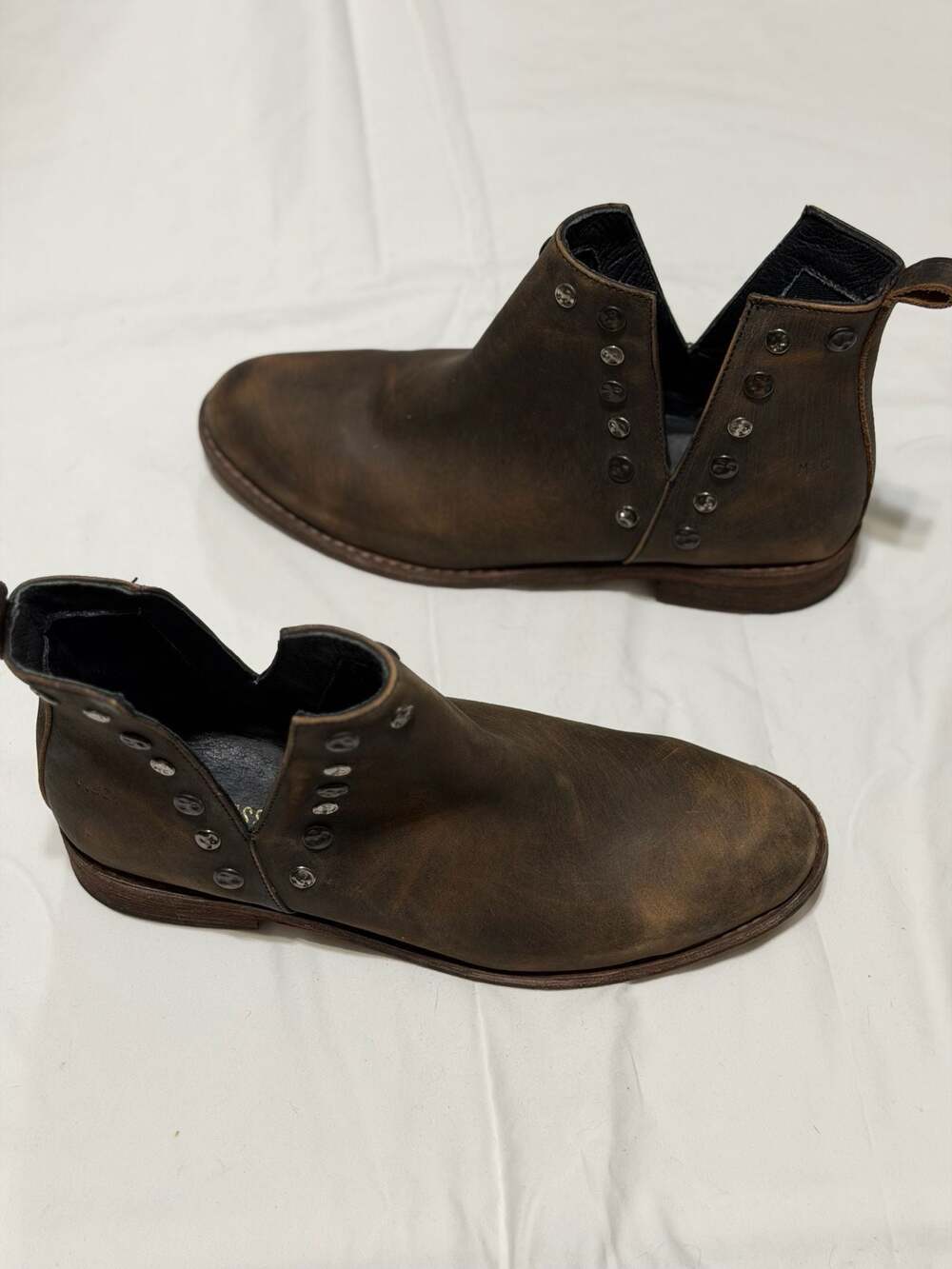 Musse & Cloud Brown Studded Leather Side Path Ankle Booties